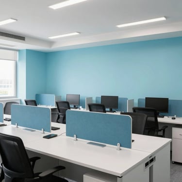 Modern office interior with freshly painted walls, clean workstations, professional environment, bright lighting, Ahmedabad.