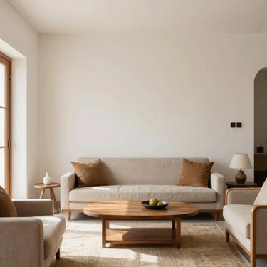 Cozy home living room with freshly painted walls, comfortable furniture, warm natural light, Ahmedabad.