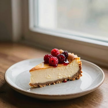 A fresh slice of homemade cheesecake topped with red berries on a rustic ceramic plate, soft morning light.