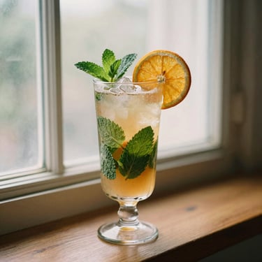 A vibrant botanical mocktail in a tall glass with fresh mint and a slice of dried orange, soft window light.