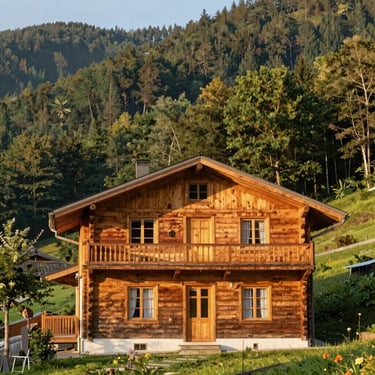 Charming traditional wooden guest house surrounded by green trees in summer