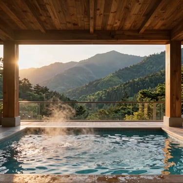 Luxury hotel indoor pool with warm steam, wooden ceiling, mountain view outside