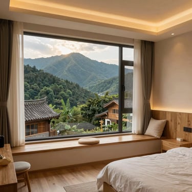 Cozy modern apartment interior with traditional mountain accents, large window