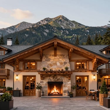 Elegant hotel lobby in the center of Zakopane, warm fireplace, wooden details