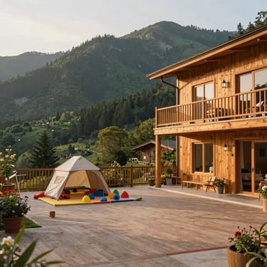 Spacious family apartment living room, warm mountain design, kids play corner