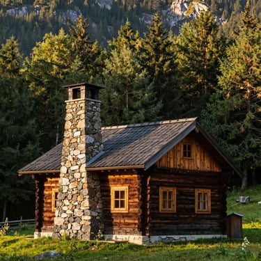 Traditional highlander wooden cabin with a stone chimney in a forest setting