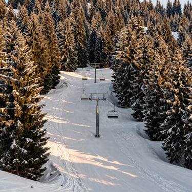 Ski slope in Zakopane during winter, snow-covered pine trees, ski lift active