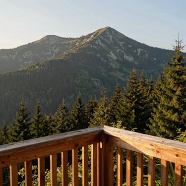 Sweeping view of Giewont peak from a beautiful wooden balcony in the morning