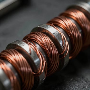 Macro shot of hand-wound copper windings under low-key industrial lighting, deep shadows and metallic textures.