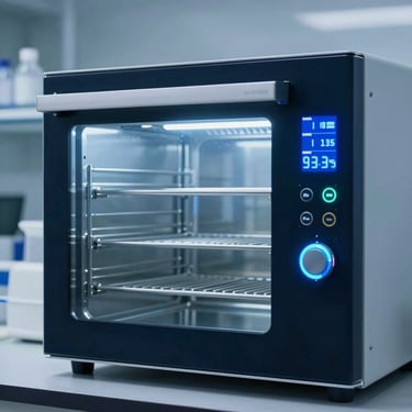 Sleek technical photography of a modern laboratory incubator with a crisp neon-accented digital interface overlay, cool sterile lighting, deep blues, sharp focus.