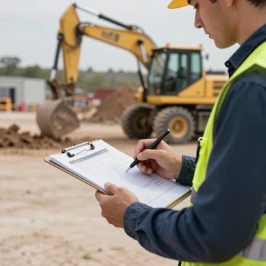 Close-up of a professional safety evaluator in a high-vis vest filling out an evaluation clipboard on a jobsite, heavy machinery blurred in the background, bright daylight.