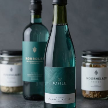 A close-up of high-end PET bottles and glass jars with elegant labels on a clean surface, reflecting a forest teal and dark slate color palette, professional lighting.