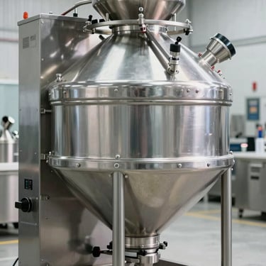 A modern Canadian industrial mixer in a bright food-processing environment, showcasing stainless steel and high-end engineering.