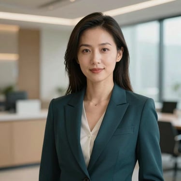 Portrait of a professional woman in a modern North American / Canadian business environment, wearing professional attire in deep charcoal teal, soft lighting.