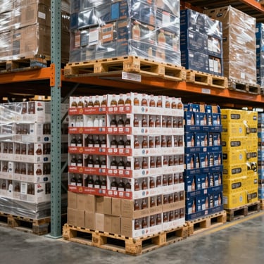 A wide shot of a North American / Canadian logistics warehouse with organized pallets of beverage boxes, symbolizing efficient supply chain management.