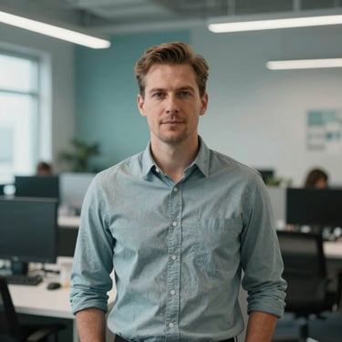 Portrait of a professional man in a clean, modern North American / Canadian manufacturing office, forest teal and mist gray environment.