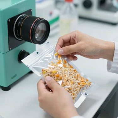 Professional hands in a lab setting conducting quality control on food packaging, bright and clean photography with forest teal accents.