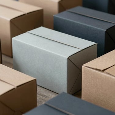 Various retail-ready cardboard packaging designs stacked neatly, showing sustainable materials in soft mist and dark slate tones.