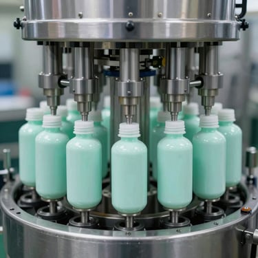 An automated bottling line in a high-tech Canadian facility, focusing on precision capping and soft mint-colored packaging materials.