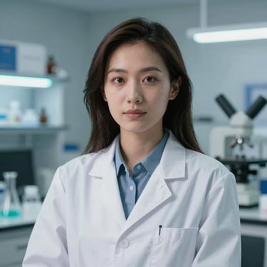 Professional portrait of a female AI researcher in a modern lab setting, cool-toned lighting with subtle cyan accents, looking confident