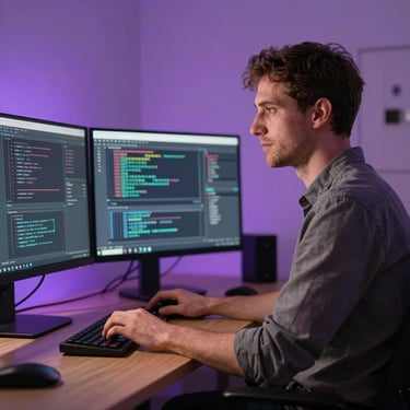Natural portrait of a male software architect at a clean dual-monitor workstation, soft purple background illumination, professional attire