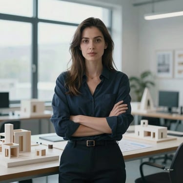 Portrait of a female creative director in a bright design studio with architectural models in the background, cool crisp window lighting