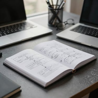 Primer plano cenital de una libreta de diseño sobre un escritorio gris oscuro, mostrando diagramas de flujo interactivos dibujados a mano con anotaciones técnicas precisas, luz lateral suave de ventana de estudio.