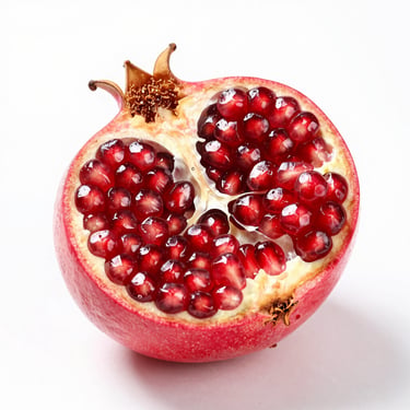 Macro shot of a single ripe, deep red pomegranate, cut open to reveal glistening ruby arils, clean white background, bright morning light, professional lens