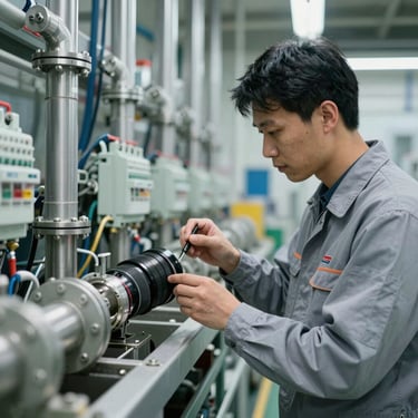 A technician in a clean uniform inspecting commercial electrical conduits in a well-lit facility.