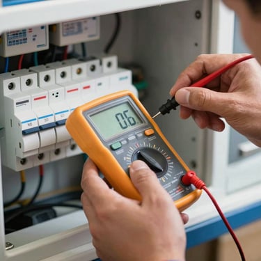Close-up of a professional electrician's hands using a digital multimeter to test a circuit breaker.