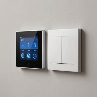 A modern smart home wall panel displaying lighting controls next to a sleek, minimalist light switch.
