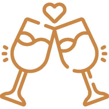 Orange line art icon of two wine glasses clinking in a toast with a heart symbol above them.