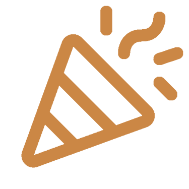 A brown line art icon of a party popper with confetti, representing a celebration or special event.