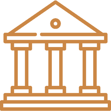 Brown line art icon of a classical bank building with columns and a triangular roof.