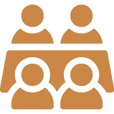 Brown flat icon of four people sitting around a table for a business meeting or team collaboration.