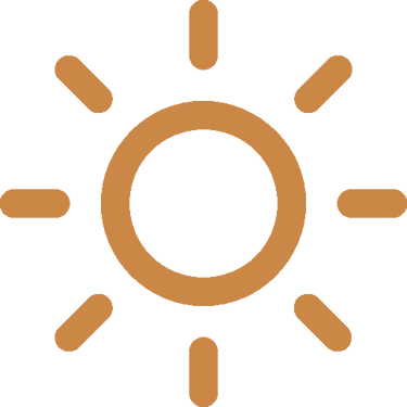 A brown sun icon featuring a circular outline with radiating rays on a black background.