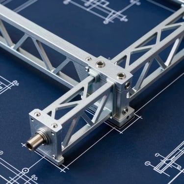Technical blueprint showing orthographic projection of a heavy steel truss connection with clear white lines on a deep navy background, precise engineering drawing.