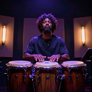 Atmospheric portrait of an afrobeat percussionist surrounded by warm studio incandescent glow, low-angle heroic shot, square aspect.