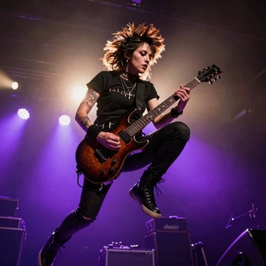 Dynamic close-up of a female punk guitarist in mid-jump, intense warm spotlight, dramatic backlighting, square aspect.