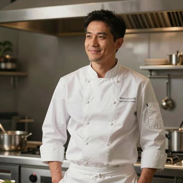 A professional chef in a clean white uniform standing in a modern Italian kitchen, looking satisfied. Warm, professional lighting.