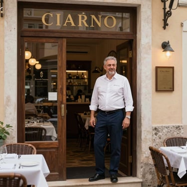 A restaurant owner in smart-casual attire standing at the entrance of a sophisticated bistro in a Southern European / Italian town.