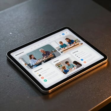High-tech digital learning interface displayed on a sleek tablet, glowing with warm amber-gold accents on a dark metallic surface.