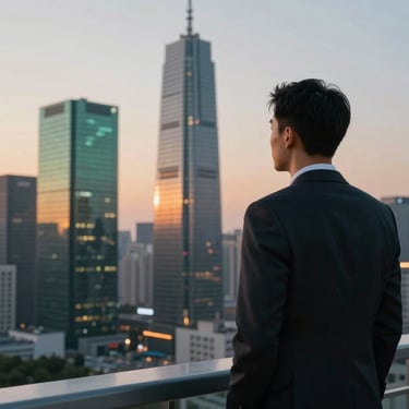 Cinematic shot of a modern entrepreneur overlooking a futuristic skyline at dusk, subtle amber and green lighting reflections.