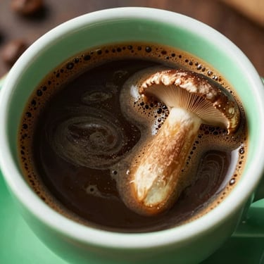 Macro shot of dark, rich espresso coffee with clean green neon rim lighting, showcasing functional adaptogenic mushrooms beside the cup.