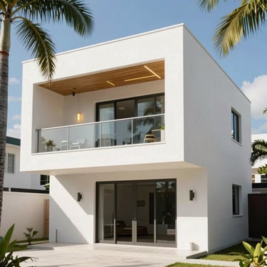 Modern affordable single-family home built with 3D panels in Guyana, clean white stucco walls, tropical sun, architectural 35mm