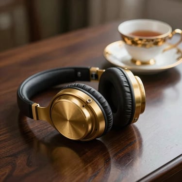 Polished brass headphones resting beside a gold-rimmed teacup on a dark, reflective wooden desk.