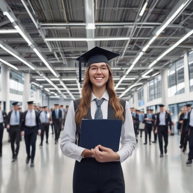 Smiling graduate in a mortarboard cap holding a diploma folder at a university graduation ceremony.