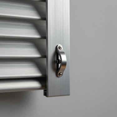 Close-up detail of a Hunter Douglas aluminium venetian blind slat mechanism, brushed metal ladder tape and tilt rod in sharp focus, neutral grey studio light, no people, architectural hardware aesthetic