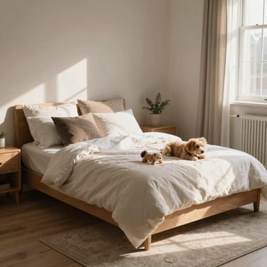 A cozy, well-lit pet suite room with comfortable bedding and clean toys, warm natural light.