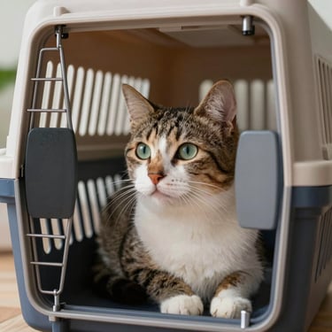 A relaxed domestic cat looking out of a clean, secure travel crate window, bright natural lighting.